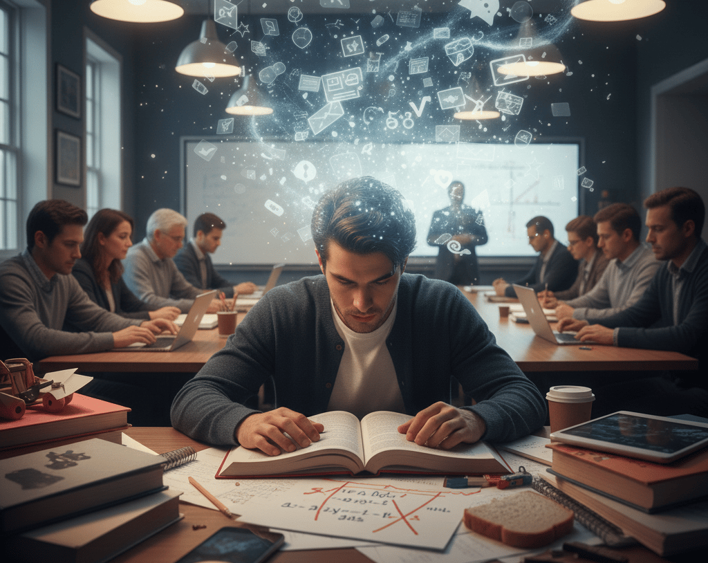 Pessoa tentando se concentrar em um livro em meio a distrações — representa os desafios de atenção no TDAH