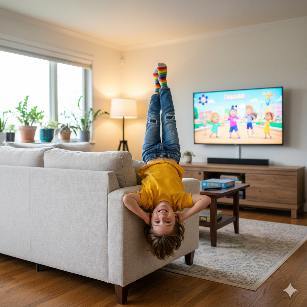 Criança agitada pendurada de cabeça para baixo no sofá enquanto assiste televisão — representa a hiperatividade motora típica do TDAH na infância