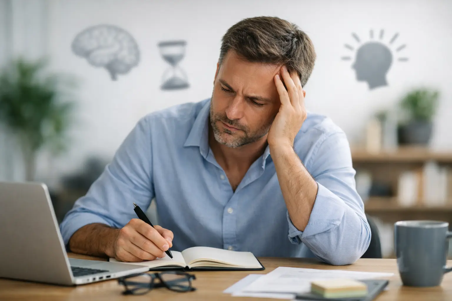 Adulto em momento de reflexão diante de um caderno de anotações, buscando entender como saber se tem TDAH adulto