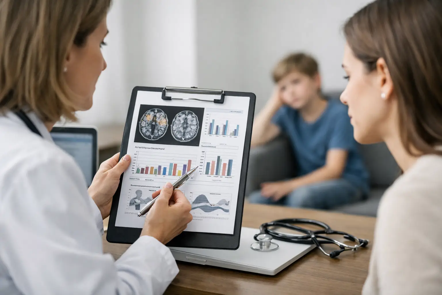 Neuropsicólogo analisando relatório clínico para TDAH em mesa de trabalho com documentos organizados