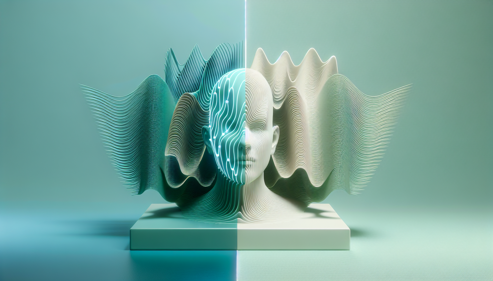 Ilustração simbólica representando TDAH e bipolaridade como duas ondas cerebrais distintas em tons de teal