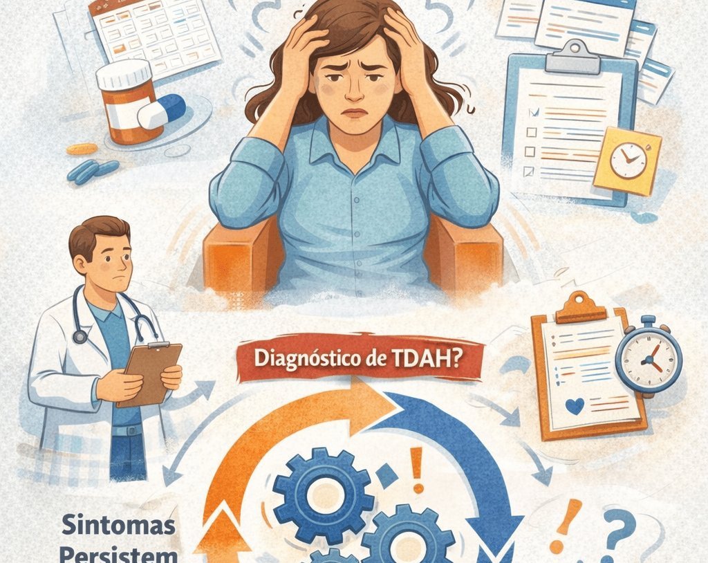Mulher com mãos na cabeça rodeada de símbolos de sobrecarga — representa o impacto do TDAH não diagnosticado na vida adulta