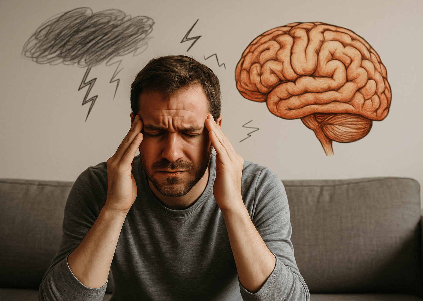 Homem com mãos nas têmporas expressando tensão mental intensa, com representação gráfica do cérebro ao fundo — simboliza a sobrecarga emocional e as oscilações de humor no TDAH
