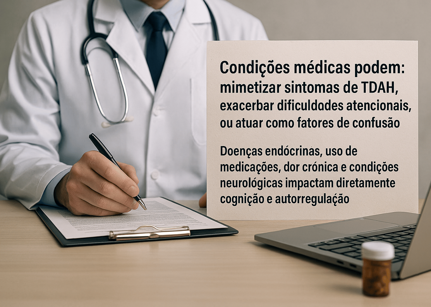Médico realizando avaliação clínica com anotações — representa a importância de considerar condições médicas no diagnóstico diferencial do TDAH